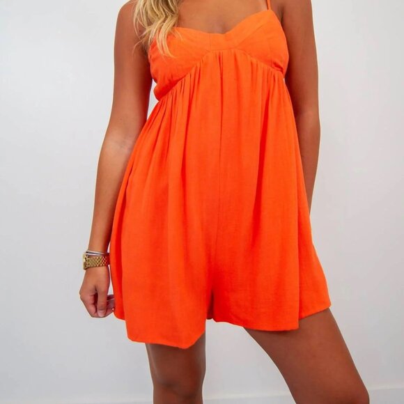 In The Beginning Burnt Orange Crepe Spaghetti Strap Romper Boho Shorts LARGE - Picture 1 of 6